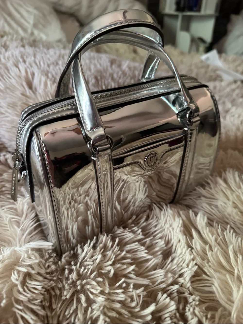 Michael Kors Metallic Silver Mirror Mini Barrel Satchel Crossbody Bag